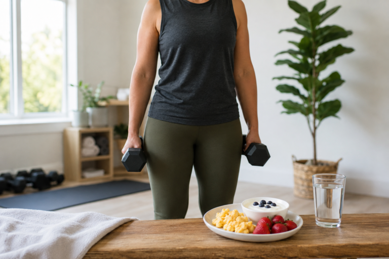 Adult holding dumbbells beside a protein-rich meal and water