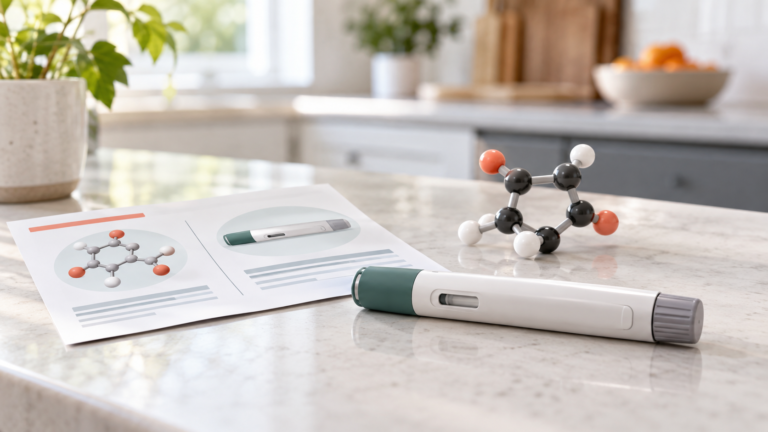 Unbranded injection pen beside a medication information sheet and molecular model